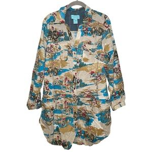 Tasha Polizzi Western Scenic Print Duster Shirt Jacket L Boho Ranchcore